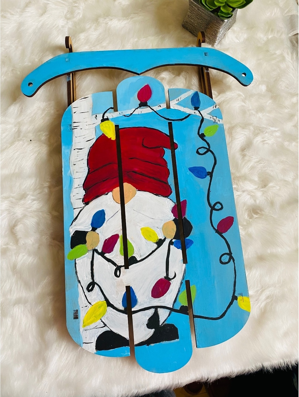 Hand Painted Wooden Christmas Gnome Sled Decoration